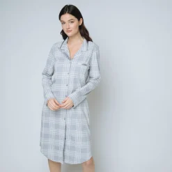 Chemise de nuit à carreaux Coton Femme gris