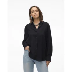 Chemise fermeture par bouton poignets boutonnés col chemise manches larges manches longues noir en lin Louise
