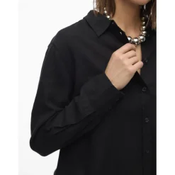 Chemise fermeture par bouton poignets boutonnés col chemise manches larges manches longues noir en lin Louise