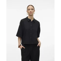 Chemise fermeture par bouton col chemise manches larges manches 2/4 noir en lin Opal