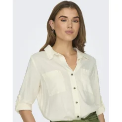 Chemise loose fit col boutonné manches avec revers manches longues blanc en lin Juno