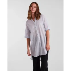Chemise rayée épaules tombantes manches 2/4 bleu en coton