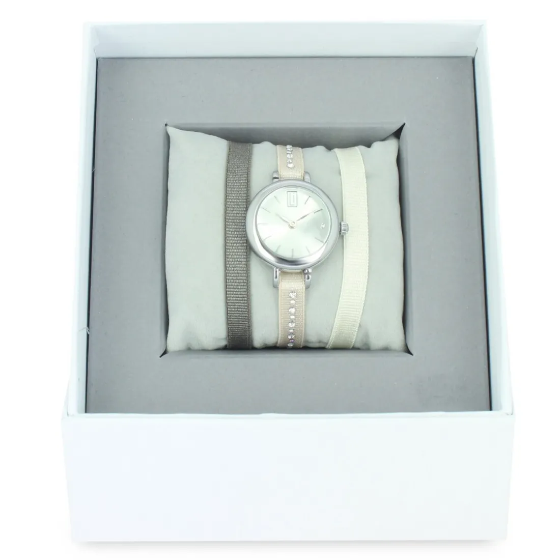 Coffret Les Interchangeables A57273 - Montre Ruban Bracelet Crème Boîtier Argenté Palladium Femme