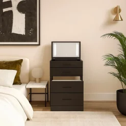 Coiffeuse compacte avec miroir LED, tiroir et pouf intégré Germina Noir