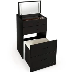 Coiffeuse compacte avec miroir LED, tiroir et pouf intégré Germina Noir