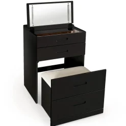 Coiffeuse compacte avec miroir LED, tiroir et pouf intégré Germina XL Noir