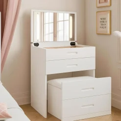 Coiffeuse compacte avec miroir LED, tiroir et pouf intégré Germina XL Blanc