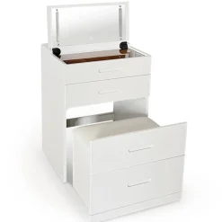 Coiffeuse compacte avec miroir LED, tiroir et pouf intégré Germina XL Blanc