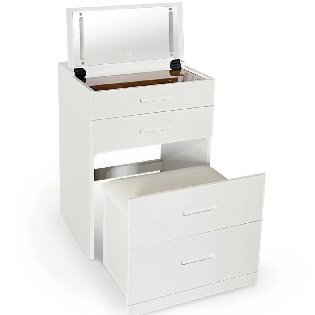 Coiffeuse compacte avec miroir LED, tiroir et pouf intégré Germina XL Blanc