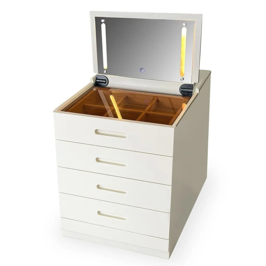 Coiffeuse compacte avec miroir LED, tiroir et pouf intégré Germina XL Blanc