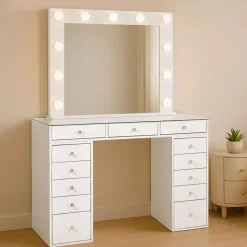 Coiffeuse moderne 13 tiroirs avec miroir lumineux et plateau en verre Probeauty Blanc
