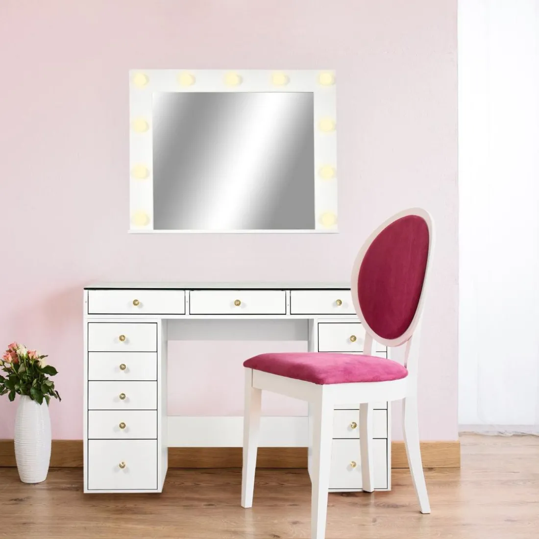 Coiffeuse moderne 13 tiroirs avec miroir lumineux et plateau en verre Probeauty Blanc