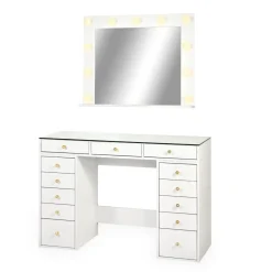 Coiffeuse moderne 13 tiroirs avec miroir lumineux et plateau en verre Probeauty Blanc