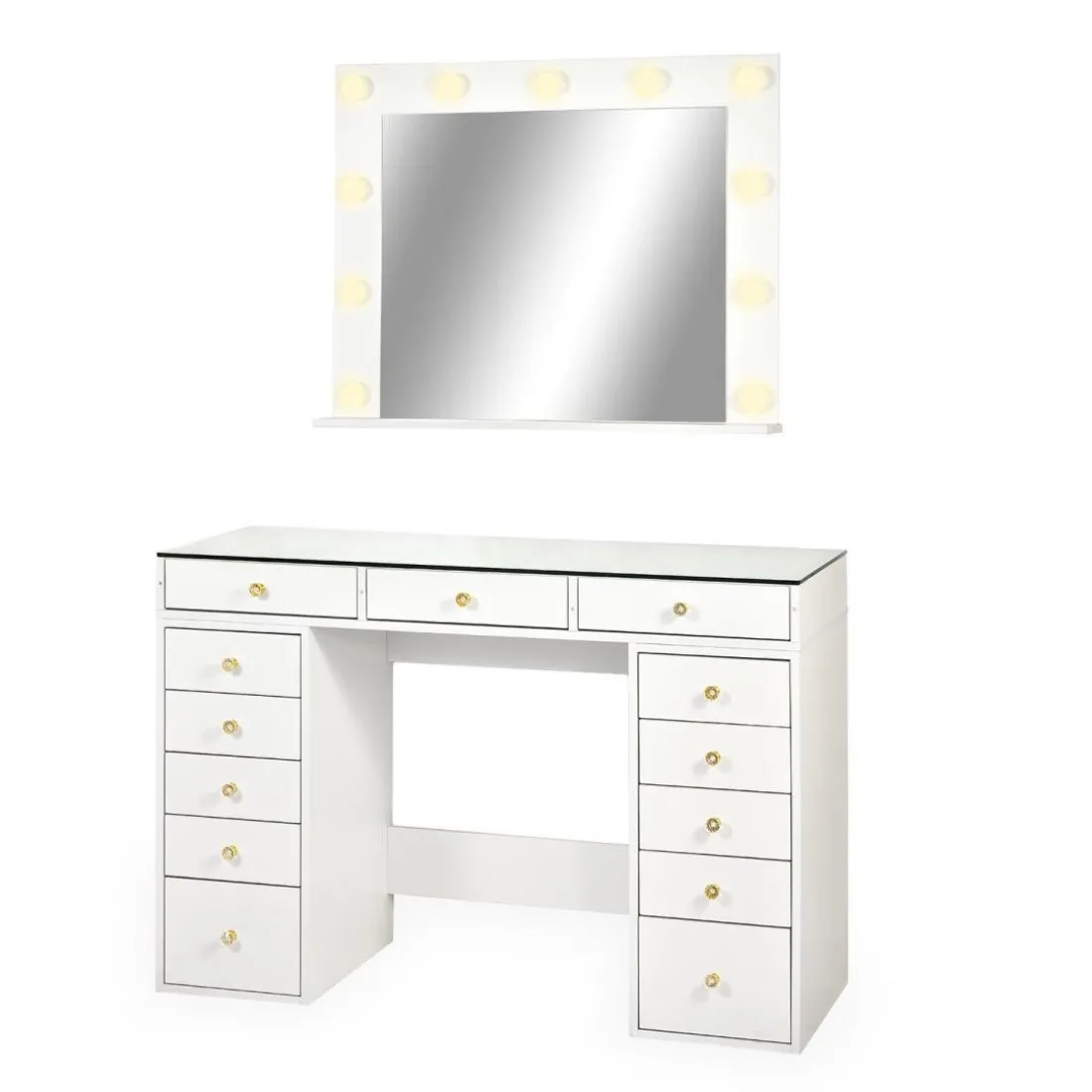Coiffeuse moderne 13 tiroirs avec miroir lumineux et plateau en verre Probeauty Blanc