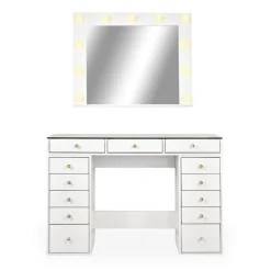 Coiffeuse moderne 13 tiroirs avec miroir lumineux et plateau en verre Probeauty Blanc