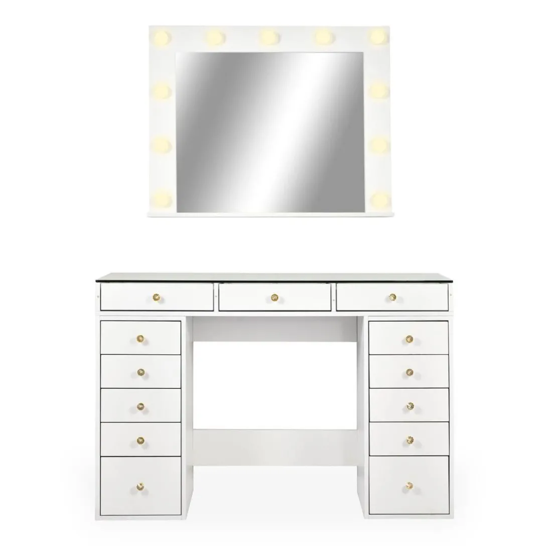 Coiffeuse moderne 13 tiroirs avec miroir lumineux et plateau en verre Probeauty Blanc