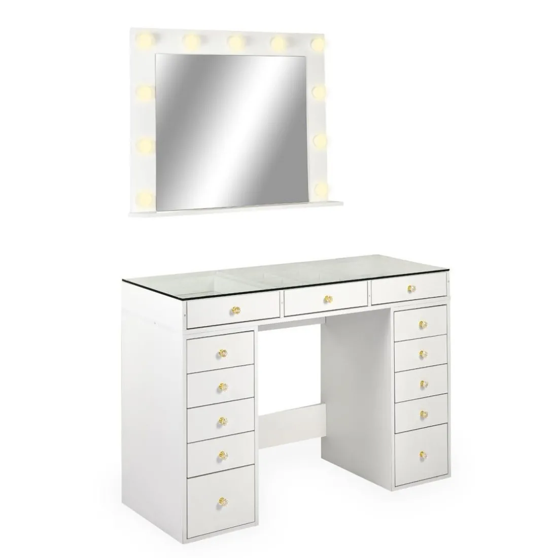 Coiffeuse moderne 13 tiroirs avec miroir lumineux et plateau en verre Probeauty Blanc