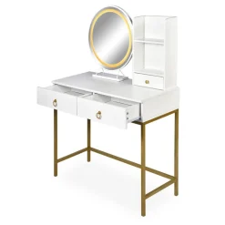 Coiffeuse moderne avec miroir rond lumineux Oracle Blanc et Or
