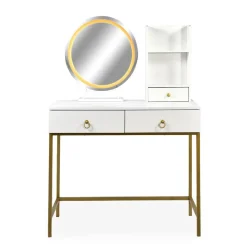 Coiffeuse moderne avec miroir rond lumineux Oracle Blanc et Or