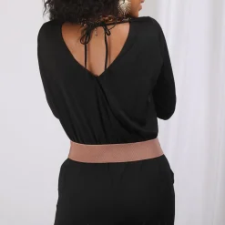 Combinaison manches 3/4 taille élastique dos en V femme - Noir