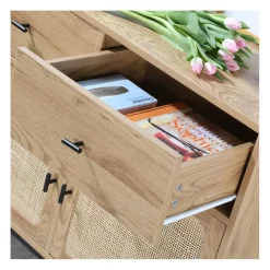 Commode 2 Portes 2 Tiroirs avec Cannage Rotin en bois Beige