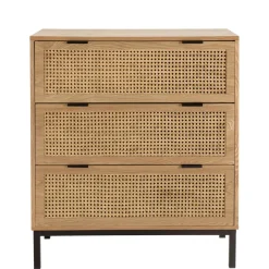 Commode 3 tiroirs cannage naturel pieds métal noir MARCEAU