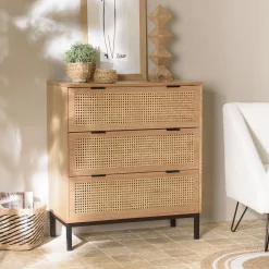 Commode 3 tiroirs cannage naturel pieds métal noir MARCEAU
