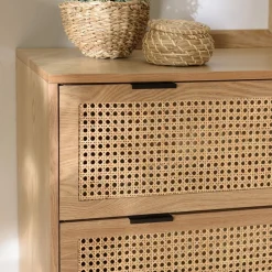 Commode 3 tiroirs cannage naturel pieds métal noir MARCEAU
