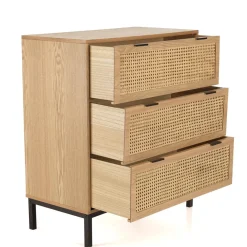 Commode 3 tiroirs cannage naturel pieds métal noir MARCEAU