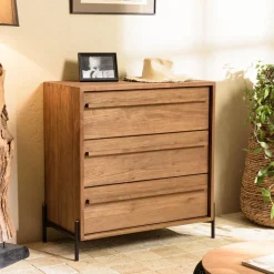 Commode 3 tiroirs en bois de teck recyclé pieds en métal noir