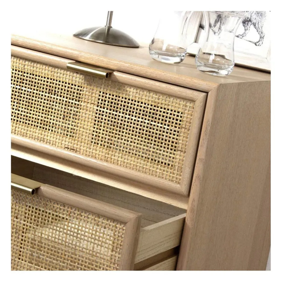 Commode 3 Tiroirs Façade en Cannage Rotin Naturel Beige