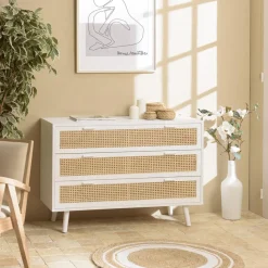 Commode blanche 3 tiroirs cannage naturel SANDRO
