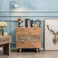 Commode Chambre Scandinave Bois 3 Tiroirs Rangement Marron