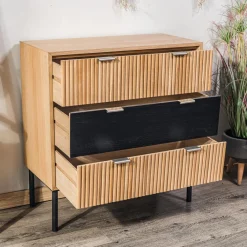 Commode Chambre Scandinave Bois Metal 3 Tiroirs Rangement Marron