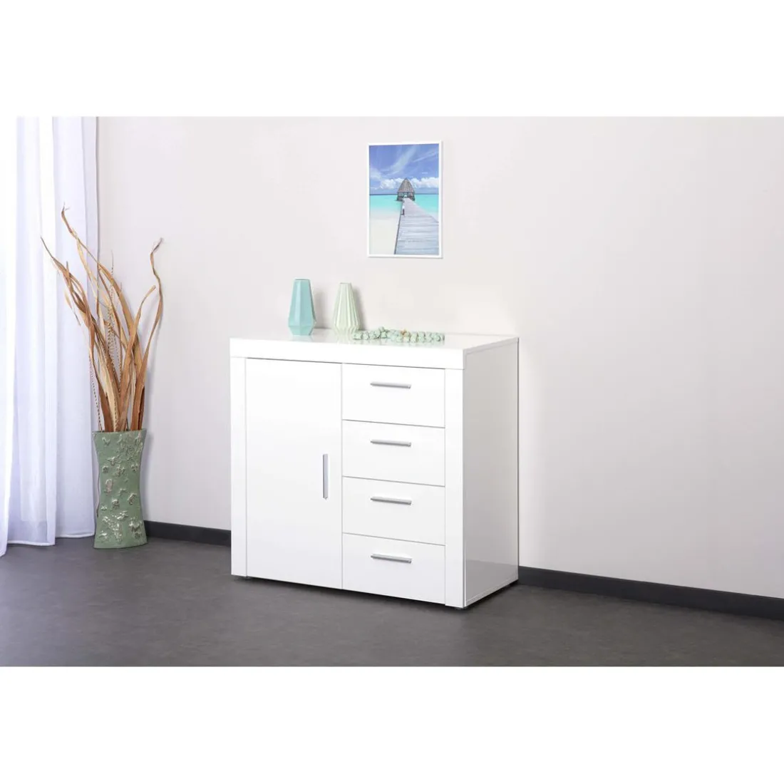 Commode CORBET 1 Porte 4 Tiroirs Blanc Brillant