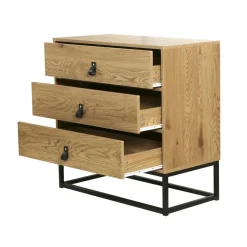 Commode décor chêne 3 tiroirs piétement métal et en bois Beige