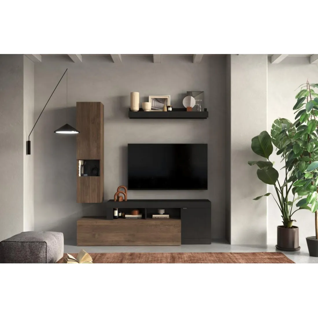 Composition murale L181 meuble TV, étagère et buffet mural, naturel et gris