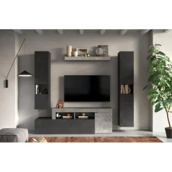 Composition murale meuble TV, étagère et buffets muraux gris beton