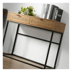 Console 2 Tiroirs avec Cannage Rotin en bois Beige