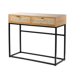 Console 2 Tiroirs avec Cannage Rotin en bois Beige