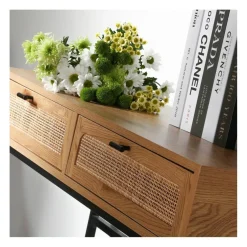 Console 2 Tiroirs avec Cannage Rotin en bois Beige