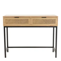 Console 2 tiroirs cannage naturel pieds métal noir MARCEAU