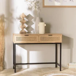 Console 2 tiroirs cannage naturel pieds métal noir MARCEAU
