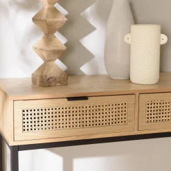 Console 2 tiroirs cannage naturel pieds métal noir MARCEAU