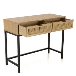 Console 2 tiroirs cannage naturel pieds métal noir MARCEAU