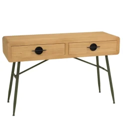 Console 2 tiroirs en pin couleur naturelle et pieds métal vert HELENA