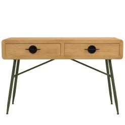 Console 2 tiroirs en pin couleur naturelle et pieds métal vert HELENA
