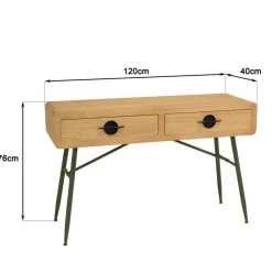 Console 2 tiroirs en pin couleur naturelle et pieds métal vert HELENA