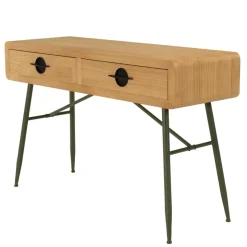 Console 2 tiroirs en pin couleur naturelle et pieds métal vert HELENA