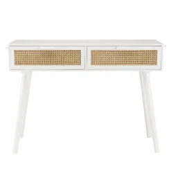 Console blanche 2 tiroirs cannage naturel